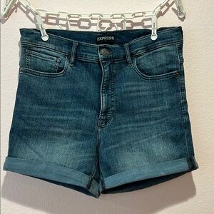 Express Denim Perfect Midi High Rise SIZE 12 Blue Jean Shorts with Cuffed Hem